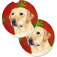 "Caroline's Treasures Labrador Red & green Snowflakes Holiday Christmas Set of 2 Cup Holder Car Coasters SC9416CARC, 2.56, Multicolor"