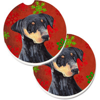 "Caroline's Treasures Doberman Red & green Snowflakes Holiday Christmas Set of 2 Cup Holder Car Coasters SC9417CARC, 2.56, Multicolor"