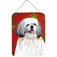 "Caroline's Treasures SC9423DS1216 Shih Tzu Red and Green Snowflakes Holiday Christmas Wall or Door Hanging Prints, 16"" x 12"", Multicolor"