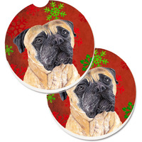 "Caroline's Treasures Mastiff Red & green Snowflakes Holiday Christmas Set of 2 Cup Holder Car Coasters SC9425CARC, 2.56, Multicolor"