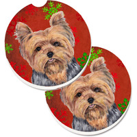 "Caroline's Treasures Yorkie Red & green Snowflakes Holiday Christmas Set of 2 Cup Holder Car Coasters SC9428CARC, 2.56, Multicolor"