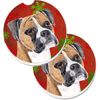 "Caroline's Treasures Boxer Red & green Snowflakes Holiday Christmas Set of 2 Cup Holder Car Coasters SC9430CARC, 2.56, Multicolor"