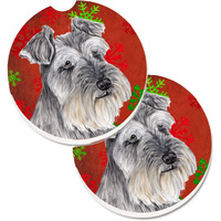 "Caroline's Treasures Schnauzer Red & green Snowflakes Holiday Christmas Set of 2 Cup Holder Car Coasters SC9433CARC, 2.56, Multicolor"