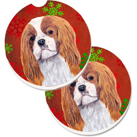 "Caroline's Treasures Cavalier Spaniel Red & green Snowflakes Holiday Christmas Set of 2 Cup Holder Car Coasters SC9434CARC, 2.56, Multicolor"