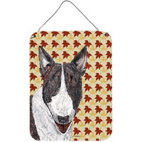 "Caroline's Treasures SC9547DS1216 Bull Terrier Fall Leaves Aluminium Metal Wall or Door Hanging Prints, 16"" x 12"""