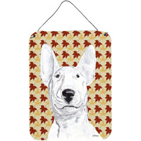 "Caroline's Treasures SC9548DS1216 Bull Terrier Fall Leaves Aluminium Metal Wall or Door Hanging Prints, 16"" x 12"""