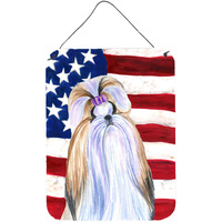 "Caroline's Treasures SS4221DS1216 Usa American Flag with Shih Tzu Aluminium Metal Wall or Door Hanging Prints, 16"" x 12"", Multicolor"