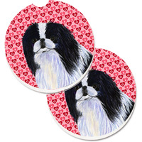 "Caroline's Treasures Japanese Chin Hearts Love & Valentine's Day Portrait Set of 2 Cup Holder Car Coasters SS4467CARC, 2.56, Multicolor"