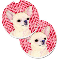"Caroline's Treasures Chihuahua Hearts Love & Valentine's Day Portrait Set of 2 Cup Holder Car Coasters SS4472CARC, 2.56, Multicolor"