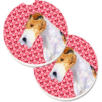 "Caroline's Treasures Fox Terrier Hearts Love & Valentine's Day Portrait Set of 2 Cup Holder Car Coasters SS4478CARC, 2.56, Multicolor"