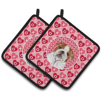 "Caroline's Treasures Bulldog English Hearts Love Valentine's Day Pair of Pot Holders SS4484PTHD, 7.5HX7.5W, Multicolor"