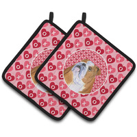 "Caroline's Treasures Bulldog English Hearts Love Valentine's Day Pair of Pot Holders SS4491PTHD, 7.5HX7.5W, Multicolor"