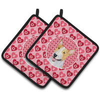 "Caroline's Treasures Bull Terrier Hearts Love & Valentine's Day Portrait Pair of Pot Holders SS4496PTHD, 7.5HX7.5W, Multicolor"