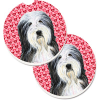 "Caroline's Treasures Bearded Collie Hearts Love & Valentine's Day Portrait Set of 2 Cup Holder Car Coasters SS4497CARC, 2.56, Multicolor"