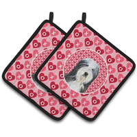 "Caroline's Treasures Bearded Collie Hearts Love & Valentine's Day Portrait Pair of Pot Holders SS4497PTHD, 7.5HX7.5W, Multicolor"