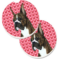 "Caroline's Treasures Boxer Hearts Love & Valentine's Day Portrait Set of 2 Cup Holder Car Coasters SS4508CARC, 2.56, Multicolor"