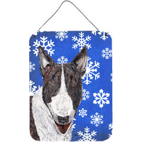 "Caroline's Treasures SC9603DS1216 Bull Terrier Blue Snowflake Winter Aluminium Metal Wall or Door Hanging Prints, 16"" x 12"""