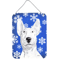"Caroline's Treasures SC9604DS1216 Bull Terrier Blue Snowflake Winter Aluminium Metal Wall or Door Hanging Prints, 16"" x 12"""