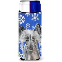 Chinese Crested Blue Snowflake Winter Ultra Beverage Insulators for slim cans