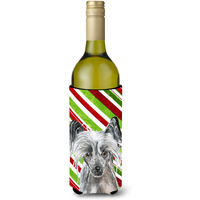 Chinese Crested Candy Cane Christmas Wine Bottle Beverage Insulator Beverage Insulator Hugger
