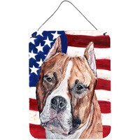 "Caroline's Treasures SC9632DS1216 Staffordshire Bull Terrier Staffie with American Flag Usa Wall or Door Hanging Prints, 16"" x 12"""