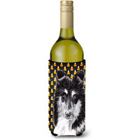Black and White Collie Candy Corn Halloween Wine Bottle Beverage Insulator Hugger SC9654LITERK
