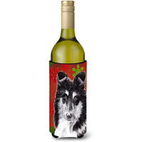 Black and White Collie Red Snowflakes Holiday Wine Bottle Beverage Insulator Hugger SC9750LITERK