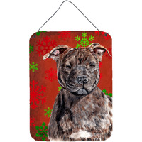 "Caroline's Treasures SC9753DS1216 Staffordshire Bull Terrier Staffie Red Snowflakes Holiday Wall or Door Hanging Prints, 16"" x 12"""