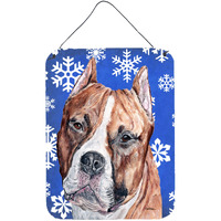 "Caroline's Treasures SC9776DS1216 Staffordshire Bull Terrier Staffie Winter Snowflakes Wall or Door Hanging Prints, 16"" x 12"""