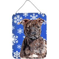 "Caroline's Treasures SC9777DS1216 Staffordshire Bull Terrier Staffie Winter Snowflakes Wall or Door Hanging Prints, 16"" x 12"""