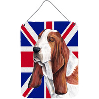 "Caroline's Treasures SC9829DS1216 Basset Hound with English Union Jack British Flag Wall or Door Hanging Prints, 16"" x 12"""