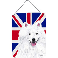 "Caroline's Treasures American Eskimo with English Union Jack British Flag Wall or Door Hanging Prints, 16"" x 12"""
