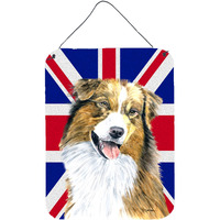 "Caroline's Treasures SC9854DS1216 Australian Shepherd with English Union Jack British Flag Wall or Door Hanging Prints, 16"" x 12"""