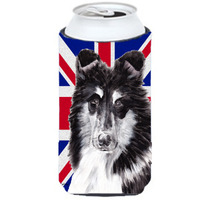 Black and White Collie with English Union Jack British Flag Tall Boy Beverage Insulator Hugger SC9885TBC