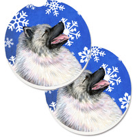 "Caroline's Treasures Keeshond Winter Snowflakes Holiday Set of 2 Cup Holder Car Coasters SS4626CARC, 2.56, Multicolor"