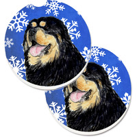"Caroline's Treasures Tibetan Mastiff Winter Snowflakes Holiday Set of 2 Cup Holder Car Coasters SS4650CARC, 2.56, Multicolor"