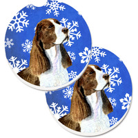 "Caroline's Treasures Springer Spaniel Winter Snowflakes Holiday Set of 2 Cup Holder Car Coasters SS4651CARC, 2.56, Multicolor"