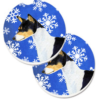 "Caroline's Treasures Basenji Winter Snowflakes Holiday Set of 2 Cup Holder Car Coasters SS4652CARC, 2.56, Multicolor"