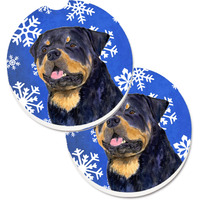 "Caroline's Treasures Rottweiler Winter Snowflakes Holiday Set of 2 Cup Holder Car Coasters SS4662CARC, 2.56, Multicolor"