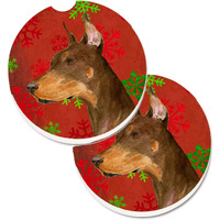 "Caroline's Treasures Doberman Red & green Snowflakes Holiday Christmas Set of 2 Cup Holder Car Coasters SS4675CARC, 2.56, Multicolor"