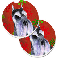 "Caroline's Treasures Schnauzer Red & green Snowflakes Holiday Christmas Set of 2 Cup Holder Car Coasters SS4684CARC, 2.56, Multicolor"