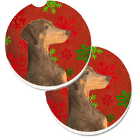 "Caroline's Treasures Doberman Red & green Snowflakes Holiday Christmas Set of 2 Cup Holder Car Coasters SS4686CARC, 2.56, Multicolor"