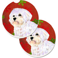 "Caroline's Treasures Maltese Red & green Snowflakes Holiday Christmas Set of 2 Cup Holder Car Coasters SS4688CARC, 2.56, Multicolor"
