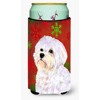 Maltese Red and Green Snowflakes Holiday Christmas  Tall Boy Beverage Insulator Beverage Insulator Hugger