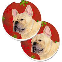 "Caroline's Treasures French Bulldog Red & green Snowflakes Holiday Christmas Set of 2 Cup Holder Car Coasters SS4692CARC, 2.56, Multicolor"