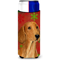 Dachshund Red and Green Snowflakes Holiday Christmas Ultra Beverage Insulators for slim cans SS4694MUK