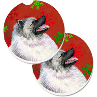 "Caroline's Treasures Keeshond Red & green Snowflakes Holiday Christmas Set of 2 Cup Holder Car Coasters SS4695CARC, 2.56, Multicolor"