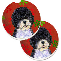 "Caroline's Treasures Portuguese Water Dog Red green Snowflake Christmas Set of 2 Cup Holder Car Coasters SS4697CARC, 2.56, Multicolor"
