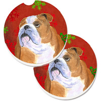 "Caroline's Treasures Bulldog English Red & green Snowflakes Holiday Christmas Set of 2 Cup Holder Car Coasters SS4698CARC, 2.56, Multicolor"
