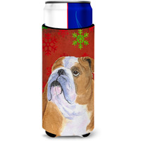 Bulldog English Red and Green Snowflakes Holiday Christmas Ultra Beverage Insulators for slim cans SS4698MUK